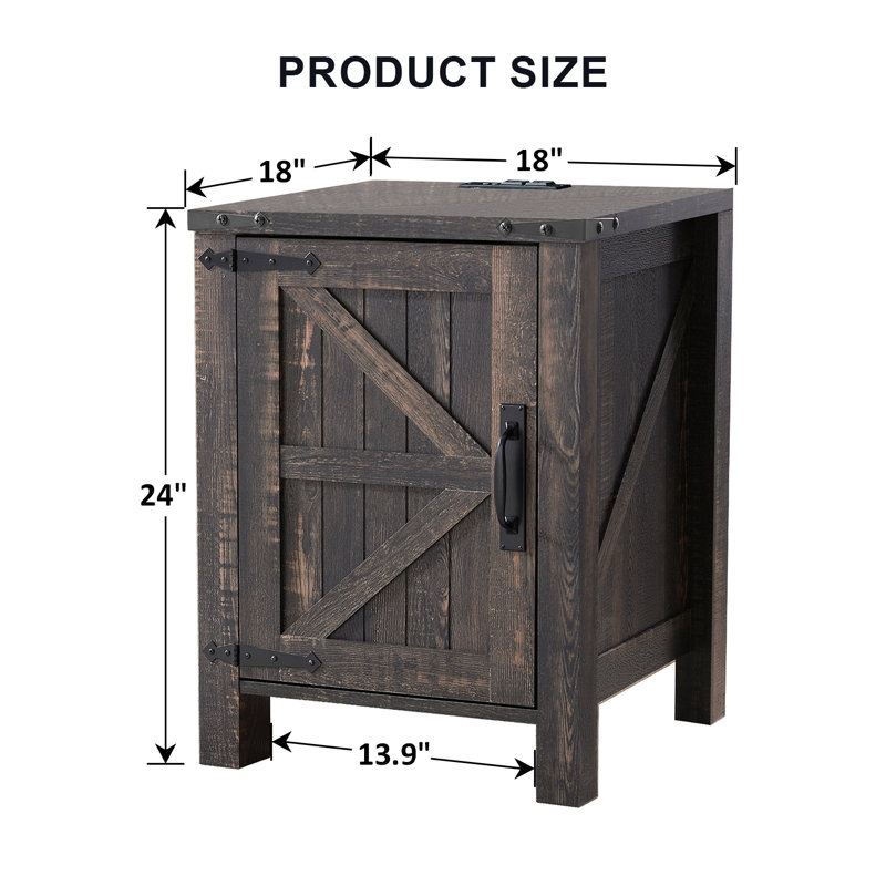 24'' Tall Farmhouse End Table With Charging Station, Wood Nightstand With Adjustable Shelf, Built-in Outlets, Dark Rustic Oak