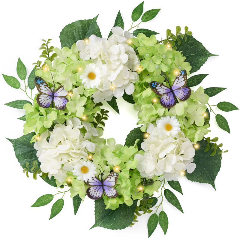 Couronne d'hortensia artificielle d'été pour porte d'entrée avec lumières et minuterie, L 4 po x H 18 po x P 4 po, Vert/blanc