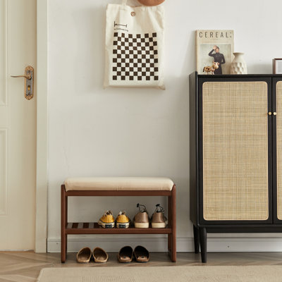 Banc de rangement en bois massif (couleur noyer), étagère de rangement en bois de hêtre avec coussin éponge à rebond élevé