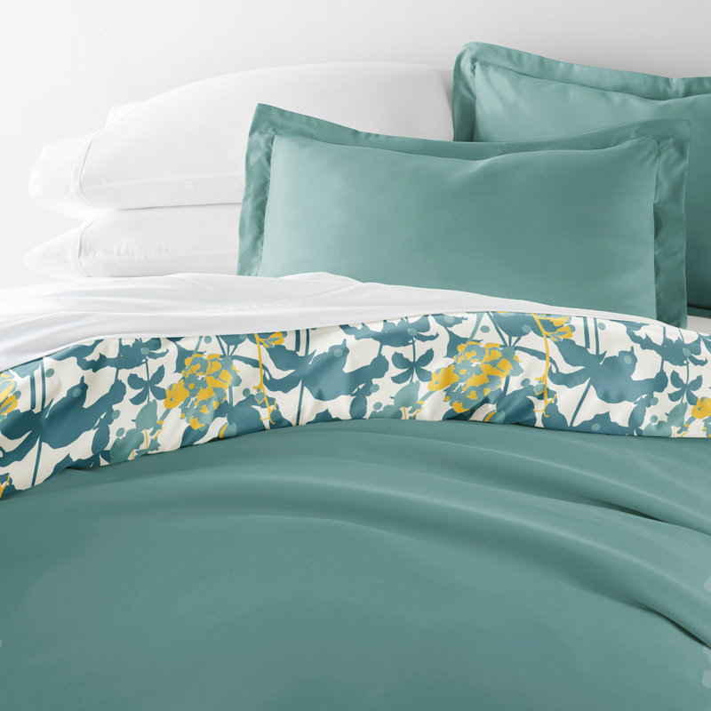 Teal and White Floral Reversible Queen Duvet Cover Set