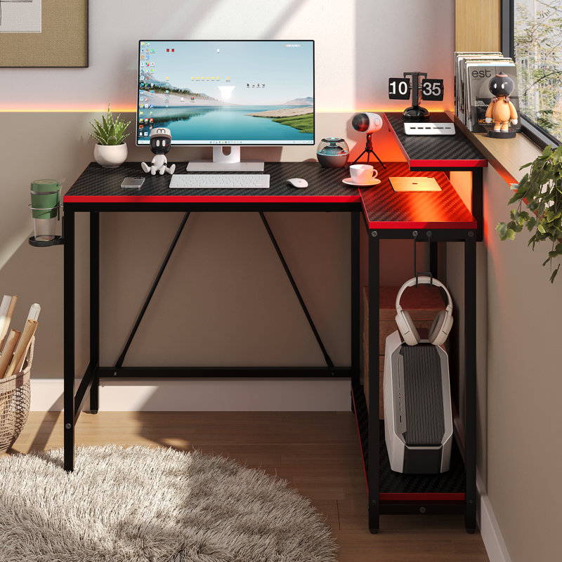 106cm Reversible L-Shaped LED Gaming Desk - Carbon Fiber with Monitor Stand & Headset Hooks
