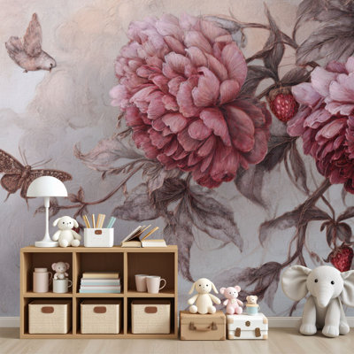 Papier peint adhésif auto-adhésif Pivoines, oiseaux, papillons de nuit doux et chaud H 69 po x l 96 po, papier peint amovible en PVC pour chambre à coucher, bureau à domicile, bureau