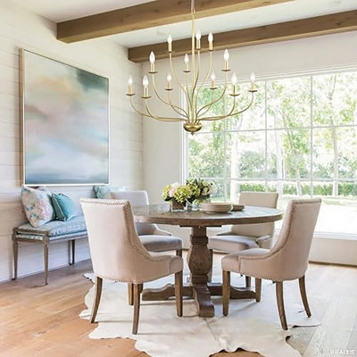 Lustre de style maison de campagne moderne 12 lumières Gold Chandelier | Luminaire suspendu industriel de style bougie pour hall d'entrée, hall d'entrée, plafond haut, chambre à coucher, salon, cuisine E12