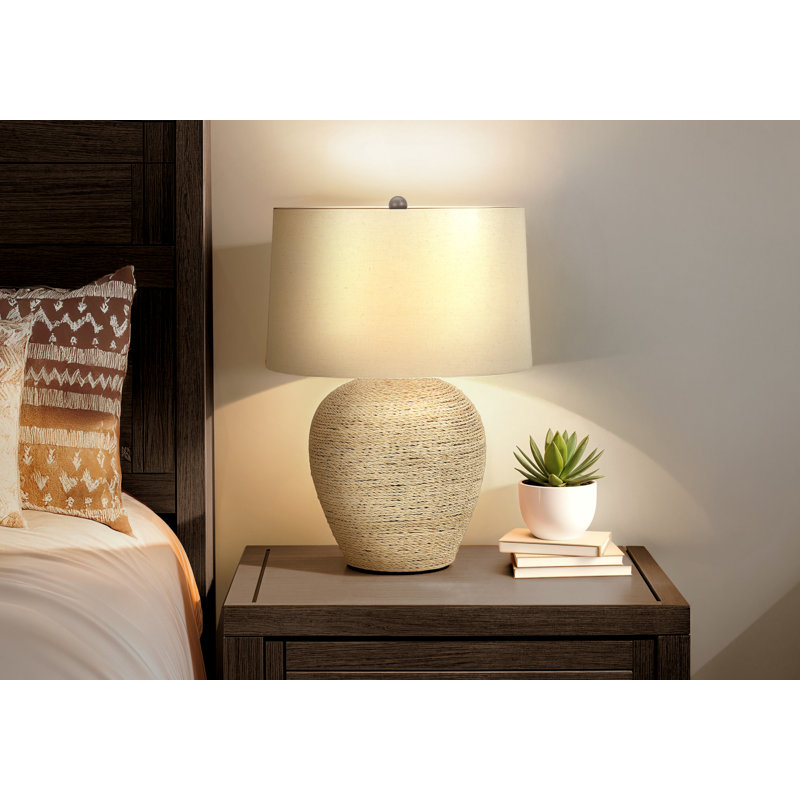 Table Lamp, Beige Shade, Boho Rattan Woven Ginger Jar Body, 25 Inch