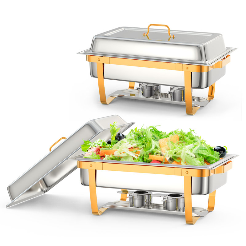 Ensemble de 2 ensembles de buffet à vaisselle plaqué or en acier inoxydable, réchaud 9L avec porte-couvercle, cuillère de service et pince à épiler, pour un banquet de mariage
