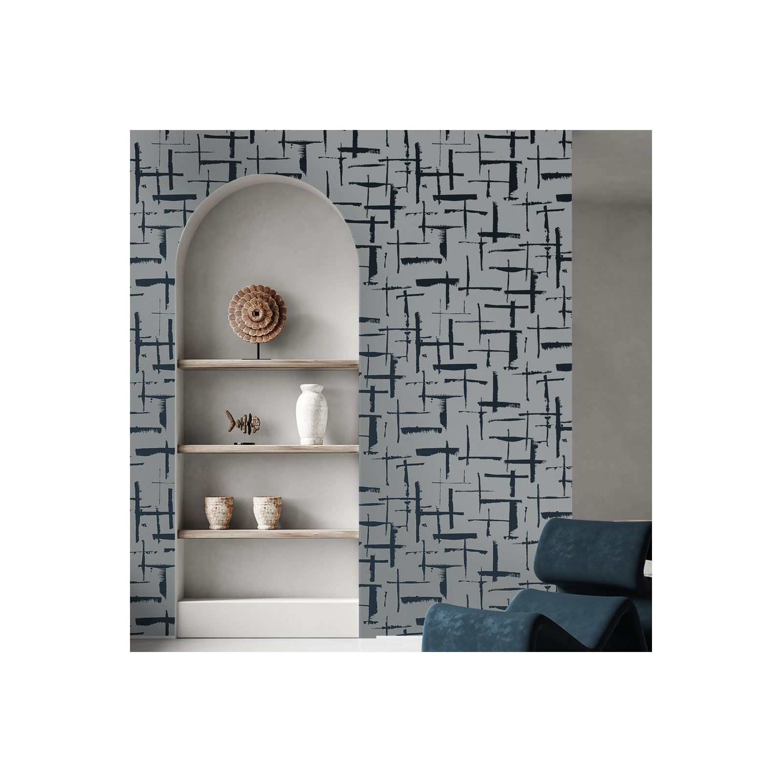 Niseko Modern Abstract Wallpaper, Metallic Silver Melody