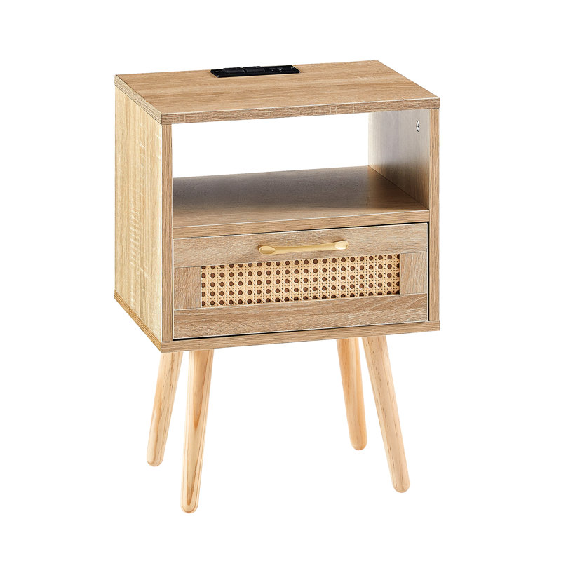 Table d'appoint avec pieds et hublots en bois massif, pratique - espace de vie naturel 15,35 po avec prise de courant et pieds de tiroir de table de chevet modernes. Glamour pour chambre, chambre à coucher. Facile à nettoyer. Peut supporter 120 lb.