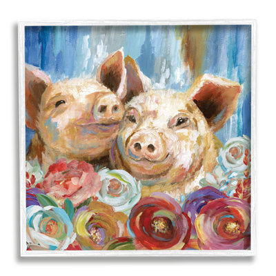 " Contemporary Farm Pig Couple Soft Petal Florals " by Nan Painting Print