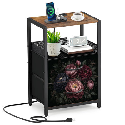 Table de chevet 2 tiroirs en tissu avec station de charge Bouquet de pivoines élégantes et riches pétales foncés, table de chevet et table de bout avec ports USB et prises