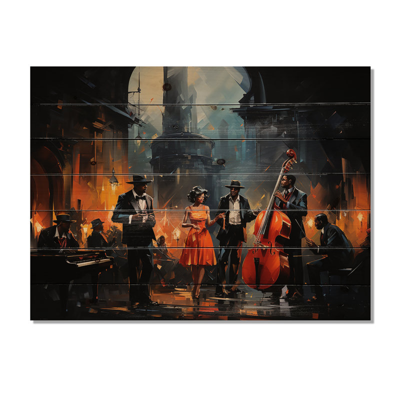 «Music In Harlems III - People Wood Decor» sur bois de pin naturel, H 30 po x l 40 po
