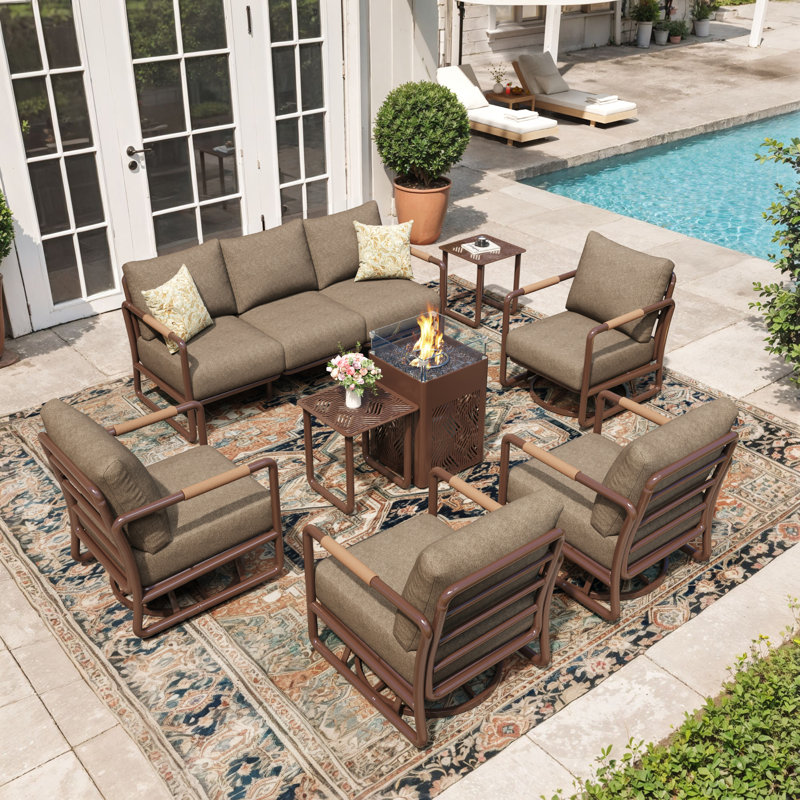 7 - Person Aluminum Patio Conversation Sets with Gilder&Swivel Chairs and Firepit, Brown Cushion/Chestnut Brown Frame