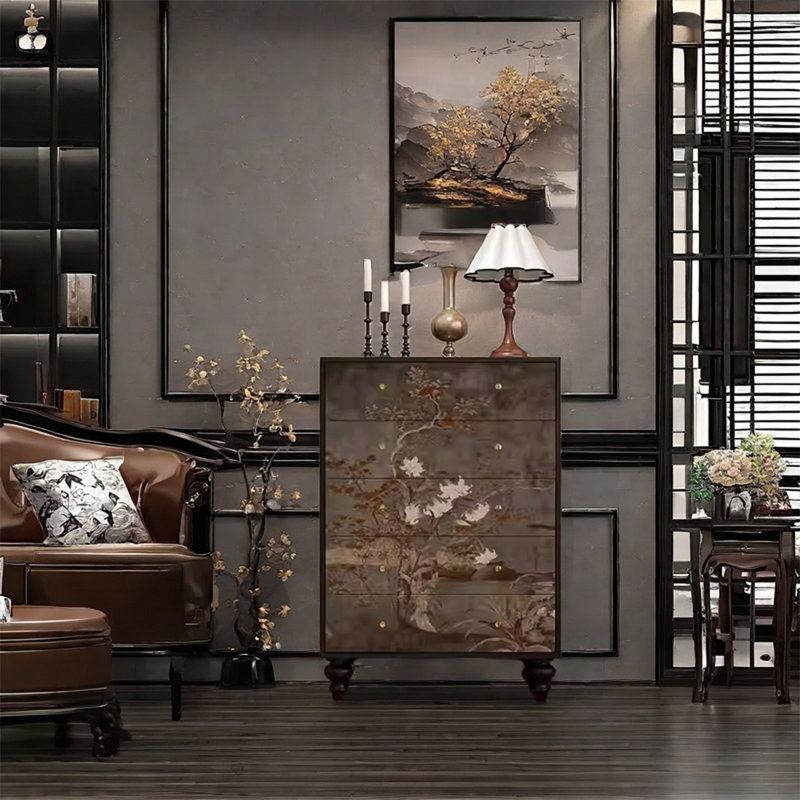Five Drawer Decorative Cabinet with Walnut Frame
