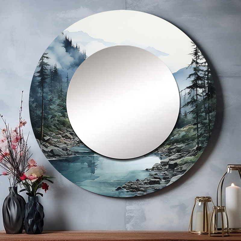 Ryssa Grey Blue Minimalism Forest Reflections II - Minimalism Large Mirror, Gray Round Unique Wall Mirror Decor, Printed Metal Art