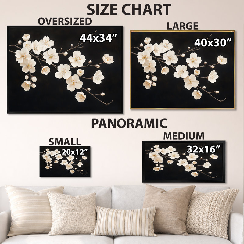 Nuit d'ivoire Bloom I - Décoration murale encadrée Fleurs de cerisier, 16" H x 32" W, Cadre photo noir