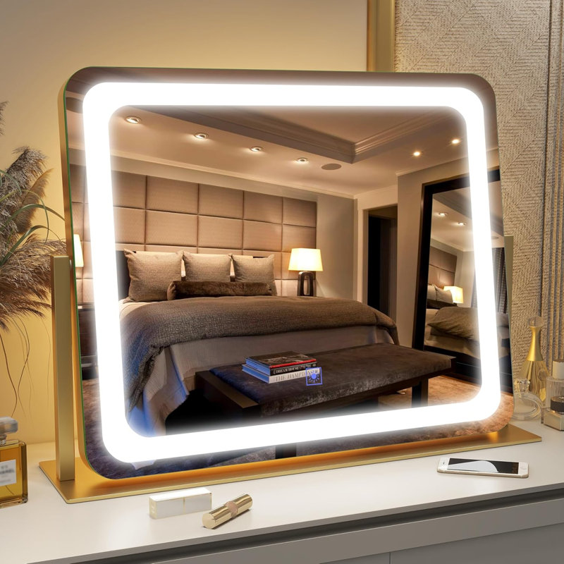 Miroir de maquillage à DEL avec contrôle tactile, éclairage 3 couleurs et luminosité à intensité variable, grand miroir de coiffeuse incassable pour un toilettage précis et une application de maquillage