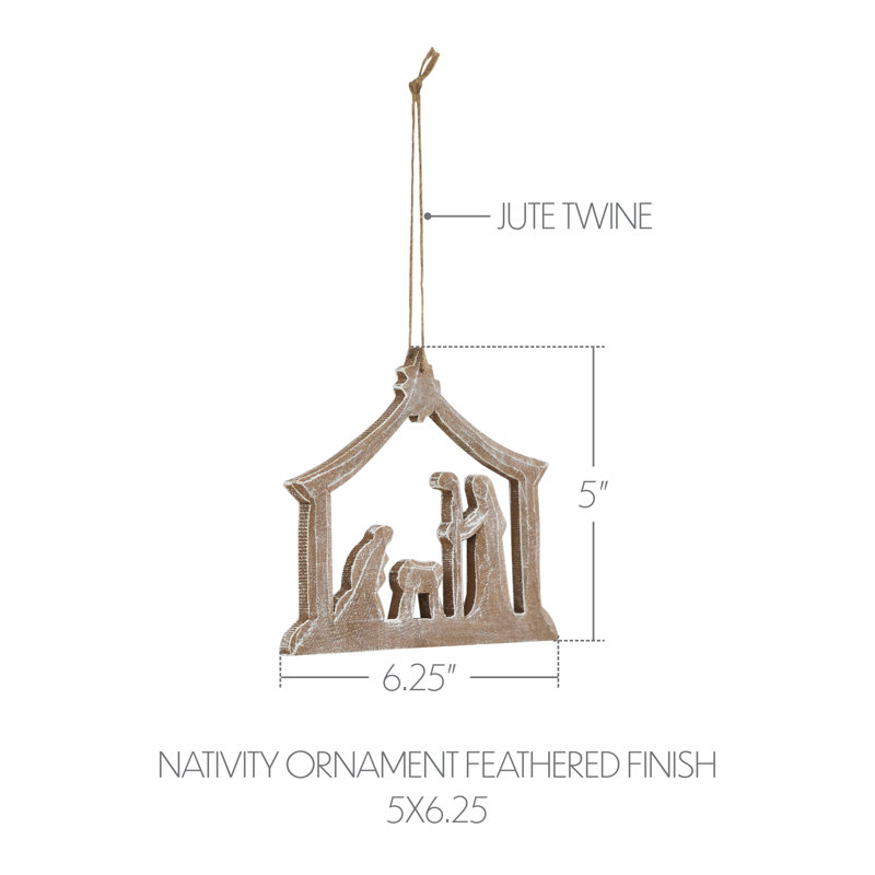 Finition ornée de plumes de la Nativité - 5 pouces, H 5 po x l 6,25 po x P 0,25 po, Brun clair/blanc