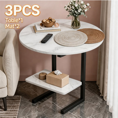 Round End Table, 2-Tier Faux Marble Side Table with Storage Shelf, Black Metal Frame Small Nightstand, Sofa Side Table for Living Room Bedroom, 40cm Tabletop, 56cm Height, Easy Assembly