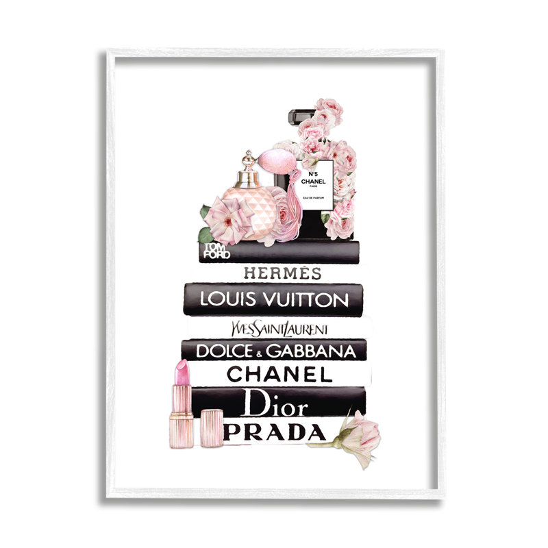 Chic, chic, articles de toilette, cosmétiques, livres de mode glamour, H 14 po x l 11 po, Giclée encadrée blanc bord de mer
