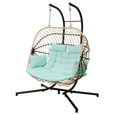 Chaise double avec œuf et support pour hamac suspendu en rotin intérieur / extérieur avec coussin et appui-tête, capacité de 550 lb (bleu)