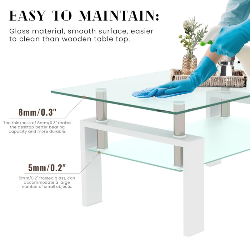 Table basse de salon en verre trempé transparent, 2 couches, H 17,7 po x L 39,37 po x l 23,62 po, Clair, Noir
