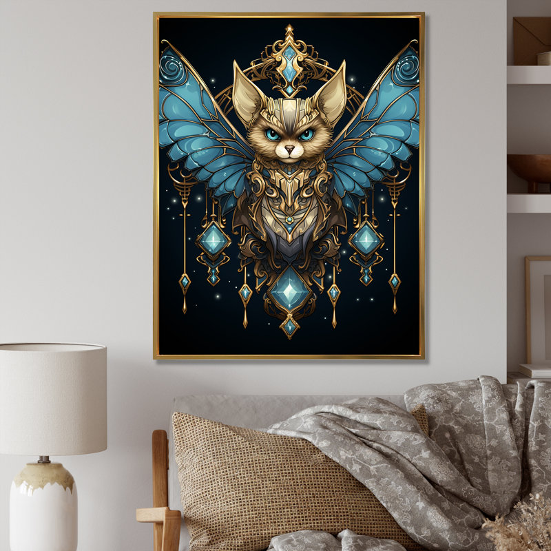 Cubist Night Sky Bat - Art animalier, art mural, Cadre flottant doré, H 32 po x l 16 po x P 1 po