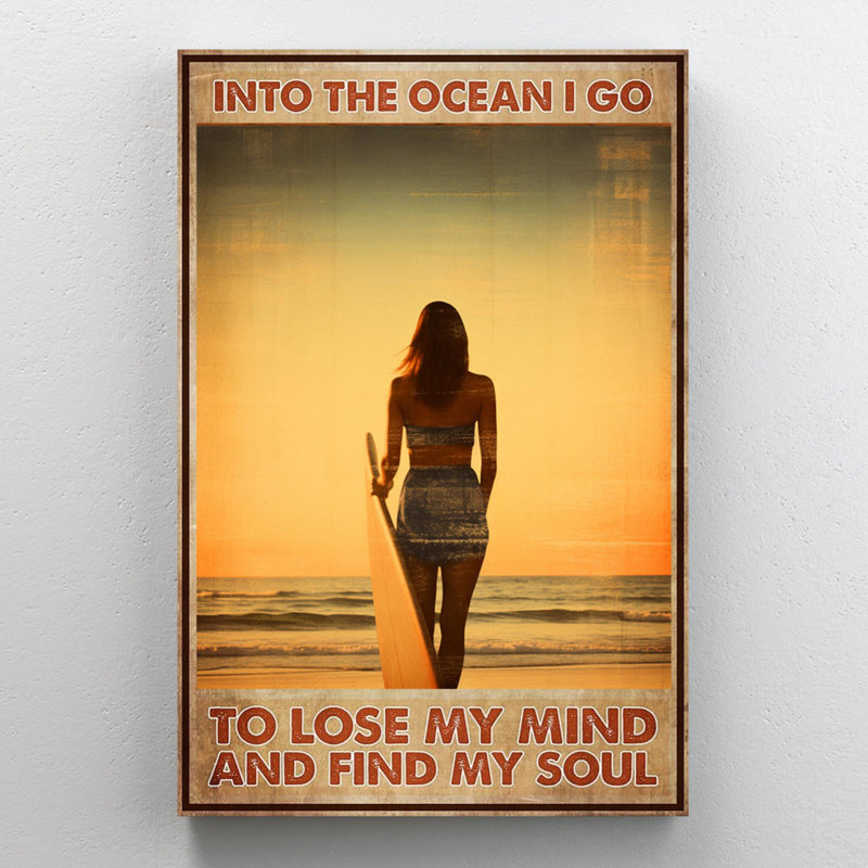 Surfing And Into The Ocean I Go - 1 pièce, reproduction d'art graphique sur toile tendue, H 36 po x l 24 po x P 1,25 po