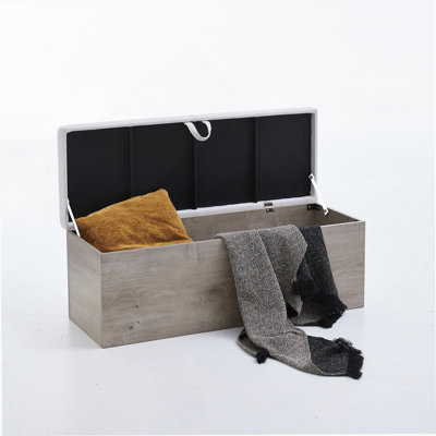 Upholstered Flip Top Storage Bench / Wood Base / Rustic / Modern Farmhouse / Neutral / Scandinavian  / Textured Ivory Canvas Chenille And Classic Oak Wood Light Rustic Oak