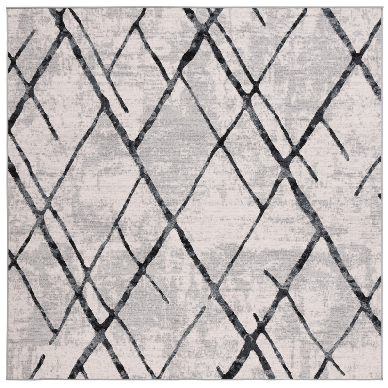 Asan Geometric Machine Woven Polyester Area Rug in Gray/Black, Square 6'7"