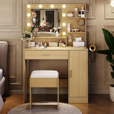Bureau de coiffeuse avec miroir et ampoules à DEL, coiffeuse à maquillage moderne avec prise de courant, étagère de rangement, support pour séchoir à cheveux et tabouret rembourré, 3 modes d'éclairage réglables, ensemble de coiffeuse pour chambre à coucher, couleur bois