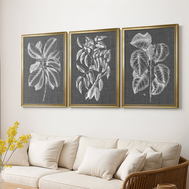 Graphic Foliage II - Toile tendue avec châssis sur mesure - 3 pièces, H 19 po x l 27 po, Doré
