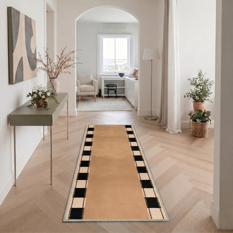 Layton Checked Border Modern Machine Washable Brown / Beige / Black Indoor Area Rug with Non-Slip Backing, Runner 2' x 6'