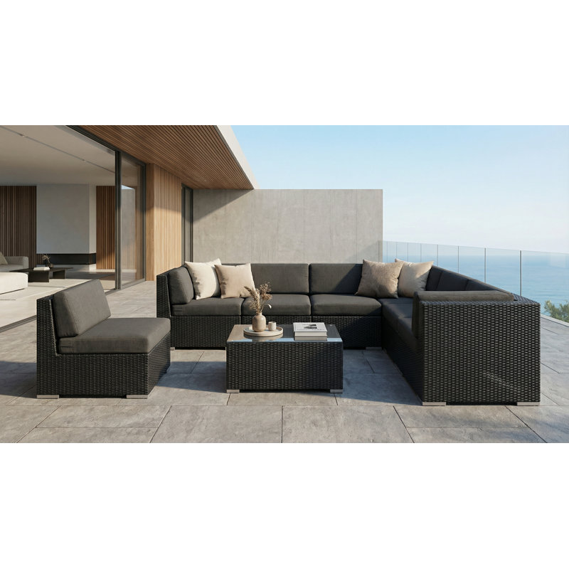 Billyjo Wicker 7 - Person Seating Group with Cushions - No Assembly, Black, Coal Sunbrella® Canvas