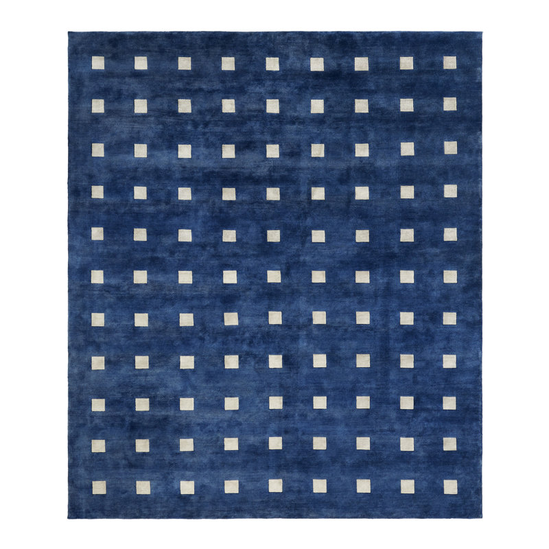 Blue and Pale Gray Geometric Hand-Knotted Wool Viscose Rug, 9' x 12'