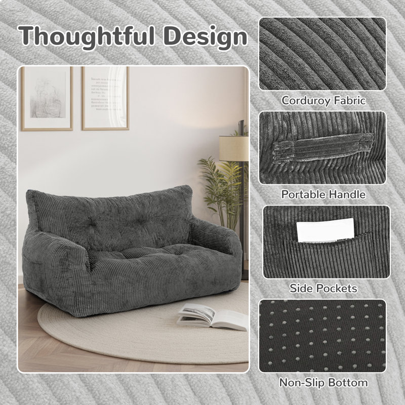 Colman  59" Wide Bean Bag Chair,Corduroy Lazy Sofa,Loveseat, Medium, Gray Corduroy