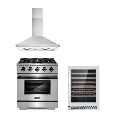 3 Piece Kitchen Package With 30"" Freestanding Gas Range With Custom Handle And Knob Kit 30"" Wall Mount Range Hood 48 Bottle Single Zone Wine Refrigera -  Cosmo, COS-4PKG-1020