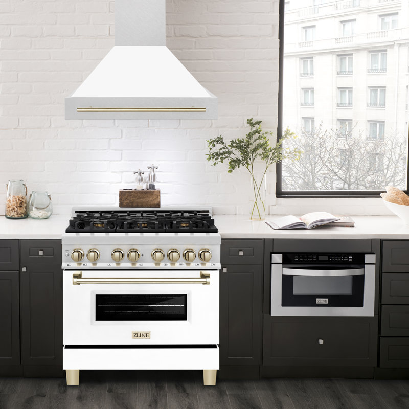 36" ZLINE Autograph Edition Fingerprint Resistant Stainless Steel Range Hood with White Matte Shell, Champagne Bronze