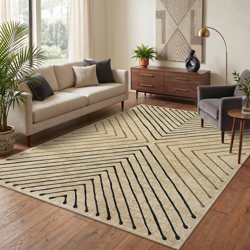 Tapis moderne lavable à rayures avec envers antidérapant pour salon, chambre à coucher, bureau à domicile, Naturel, 5 x 7 pi