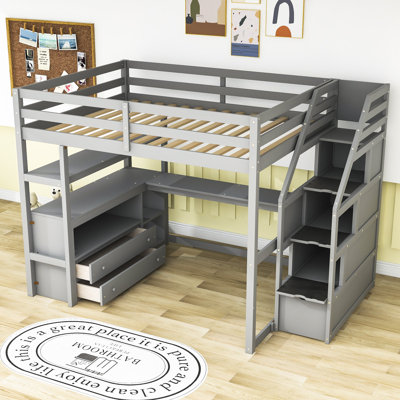 Finck Wooden Loft Bed with Desk,Staircase and Shelves