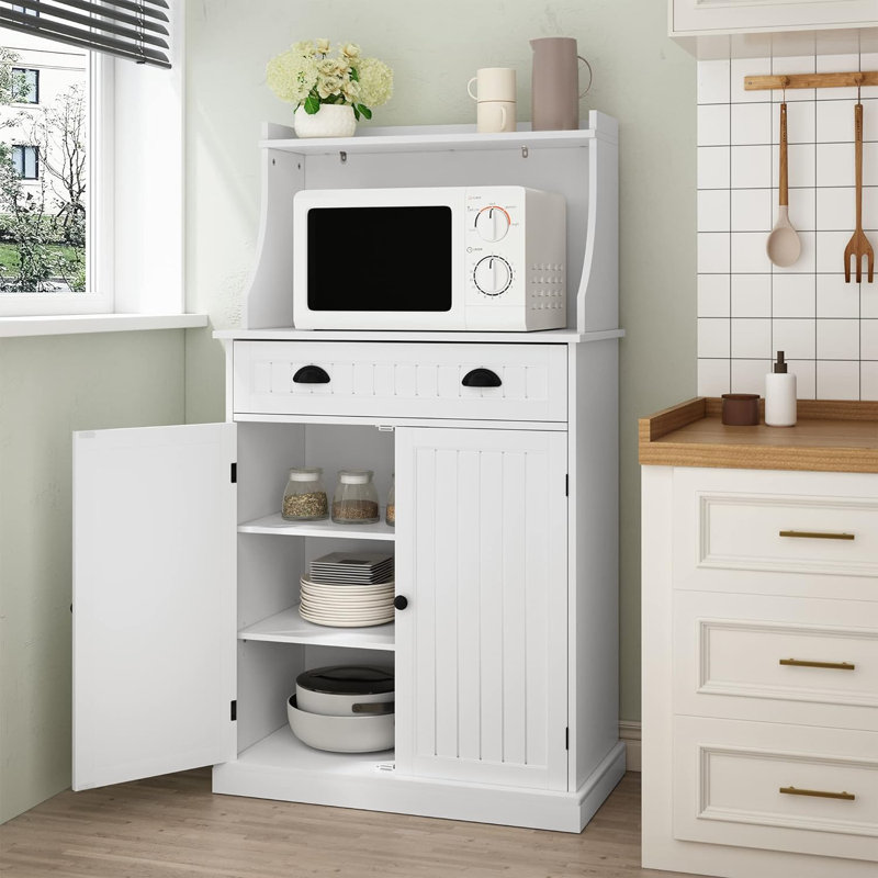 Armoire de cuisine blanche de 54 po de hauteur, support pour micro-ondes autoportant avec tiroir et tablettes réglables, armoire de rangement pour buffet