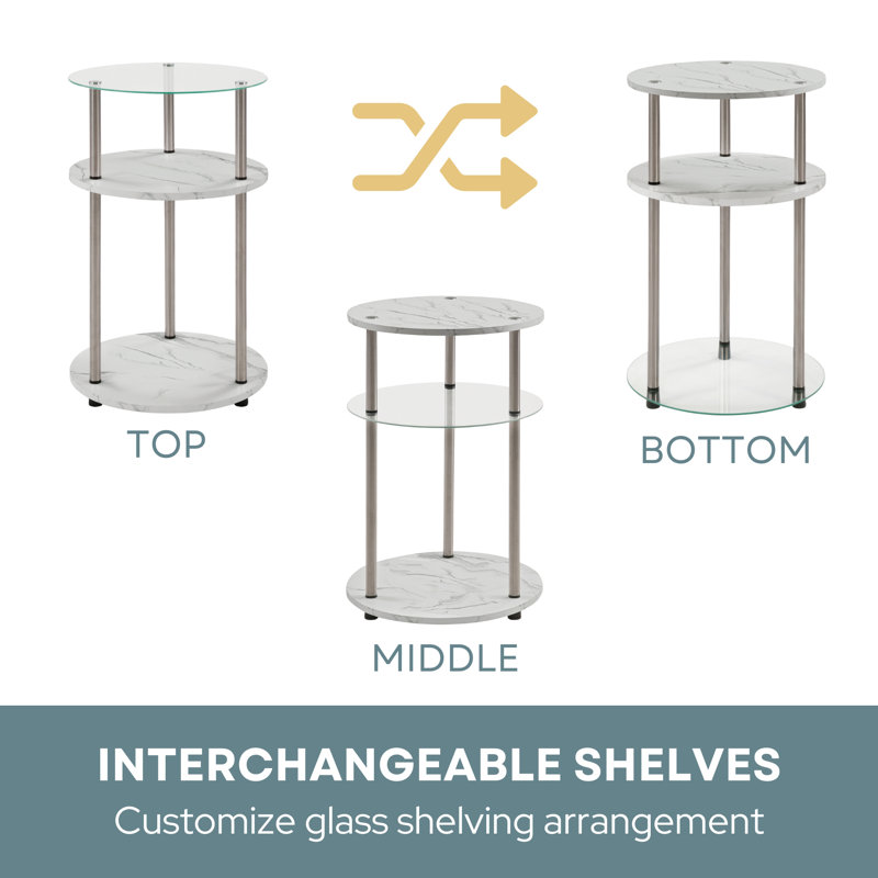 Edwin 25.25'' No Tools 3 Tier Glass Round End Table, White Faux Marble