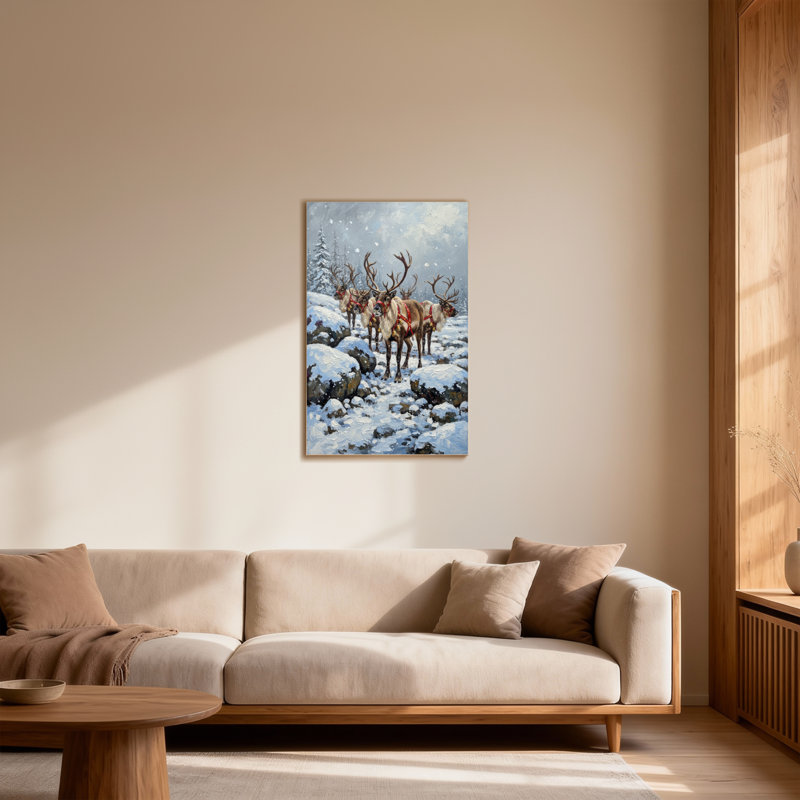 Animaux, renne dans un paysage d'hiver enneigé, H 24 po x l 16 po