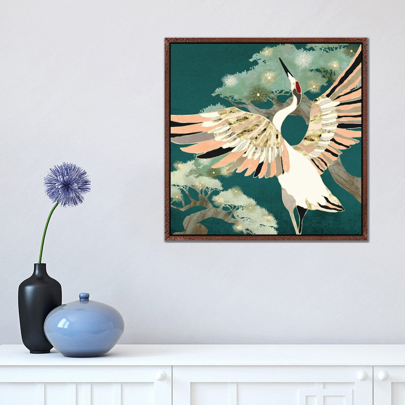 Golden Crane - Print on Canvas, Classic Brown Wood Framed, 45.72 cm H x 45.72 cm W