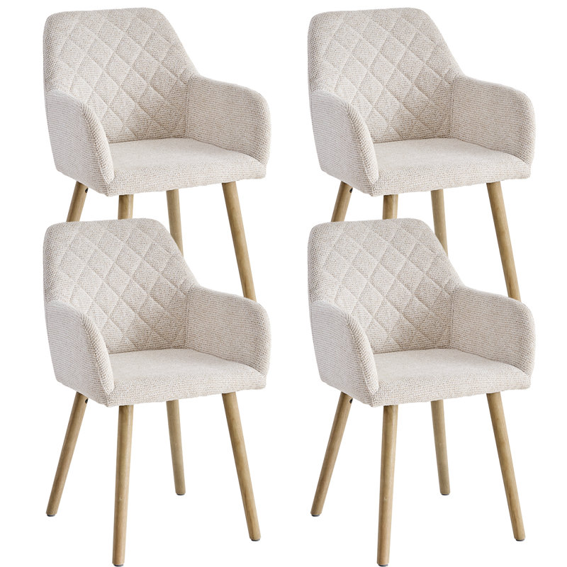 Modern Upholstered Dining Chairs With Arms, Linen Fabric Accent Chairs With Diamond Quilted Back And Wood Legs, 4, Beige