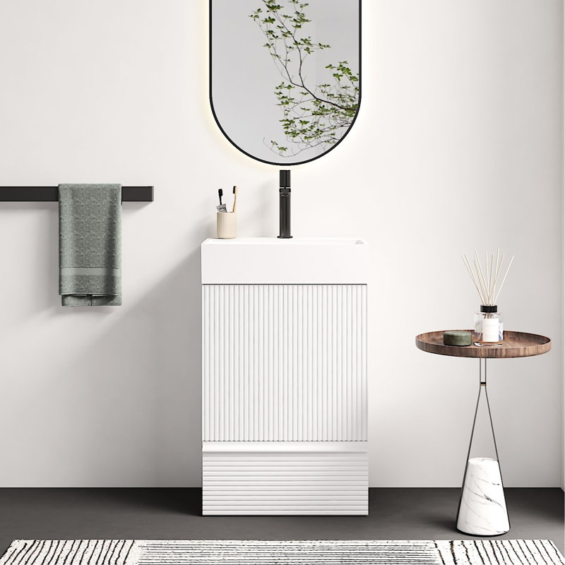 Meuble-lavabo sur pied moderne en velours blanc rayé, lavabo en céramique, 1 porte et tiroir de rangement, matériau E1, doux, ensemble avec tiroir, finition, quincaillerie