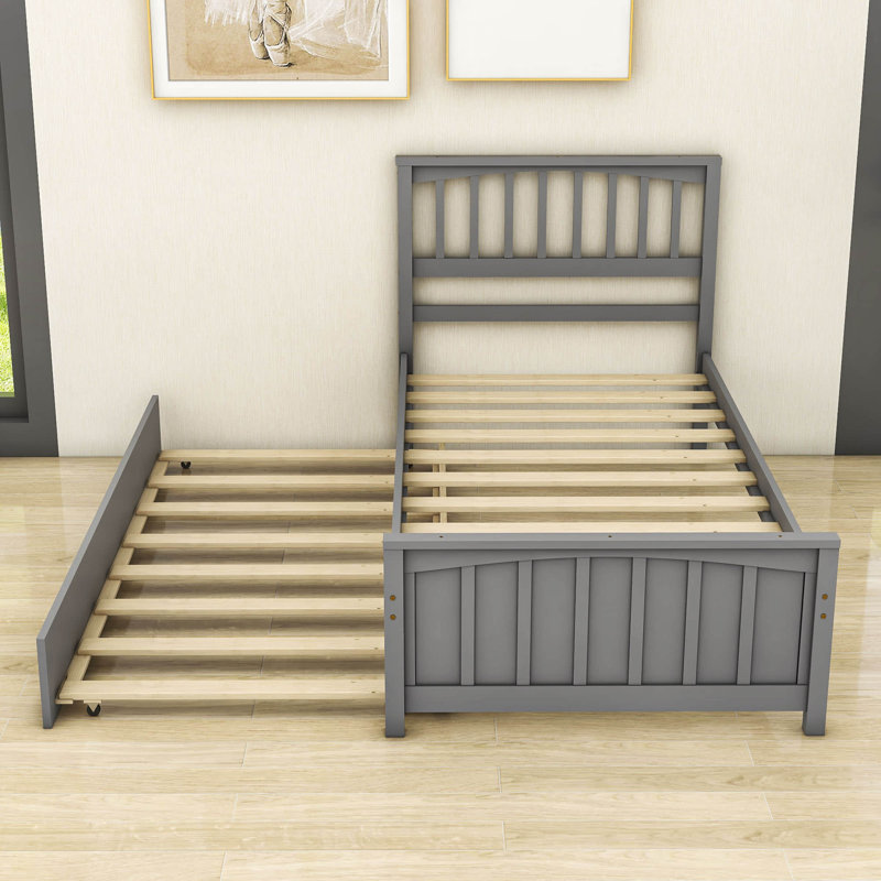 Elizabethann Twin Size Wooden Platform Bed with Trundle, Grey
