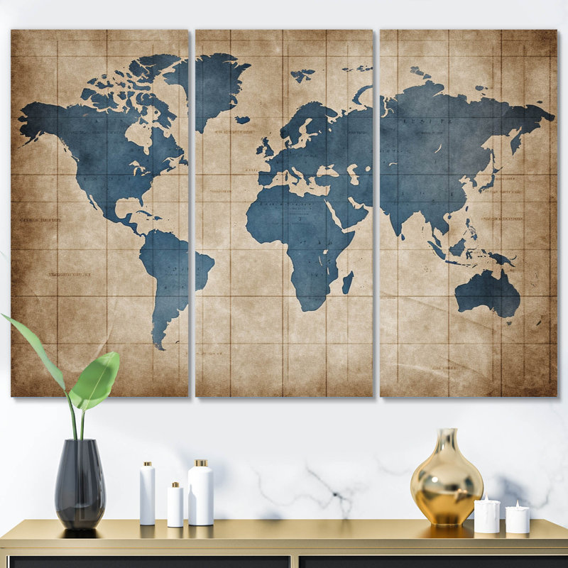 Ancienne carte du monde II sur toile, reproduction de 3 pièces, H 28 po x l 36 po x P 1 po