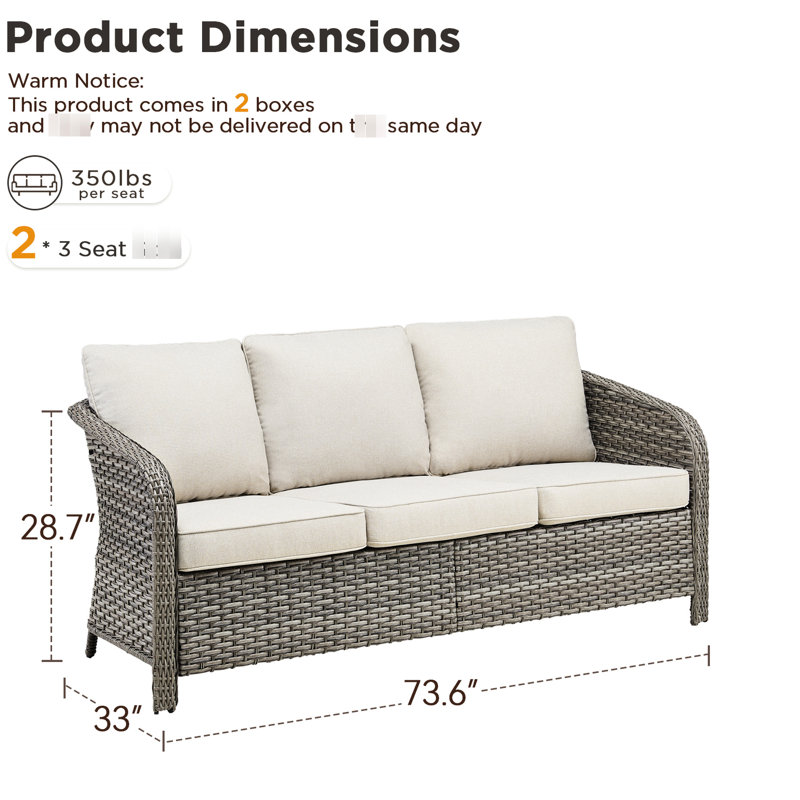 Mobilier d'extérieur 73,6 po 3 places, coussins beiges profonds, courbe lisse, résistance aux intempéries, housses de coussin au look moderne unifié