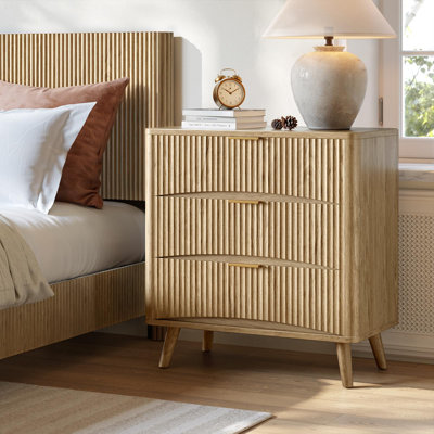 Grande table de chevet cannelée (80 cm de large), table de chevet à 3 tiroirs, table de chevet en bois pour chambre à coucher, 74,5 cm (H) x 80 cm (L) x 40 cm (P)