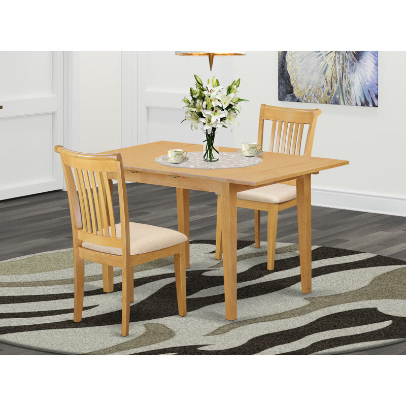 3 Piece Dining Table Set Contains a Rectangle Dining Room Table with Butterfly Leaf and 2 Linen Fabric Chairs, Oak