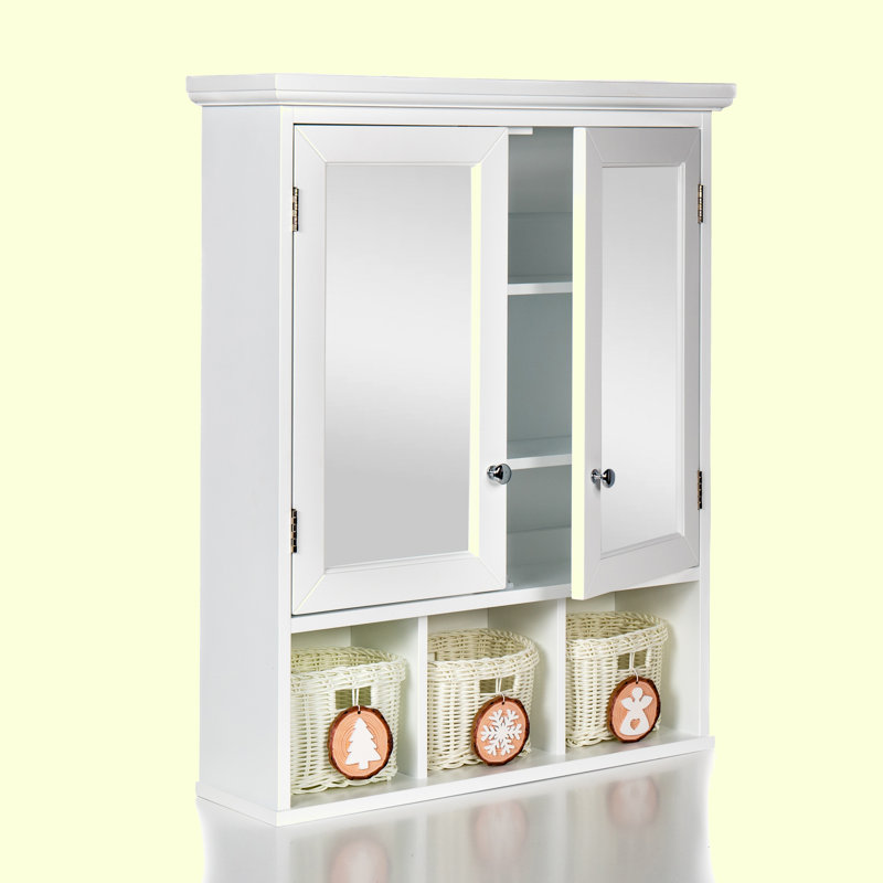 Armoire de rangement pour salle de bain, armoires à pharmacie pour salle de bain avec miroir, 2 portes, 2 tablettes réglables + 3 paniers de rangement de style Noël, armoire murale en bois blanc pour la salle de bain